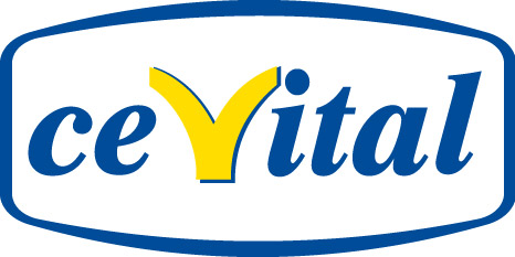 Cevital logo with blue text and yellow stylized design element on black background