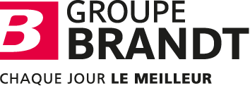 Groupe Brandt logo featuring red square B icon and grey text with tagline Chaque Jour Le Meilleur on black background