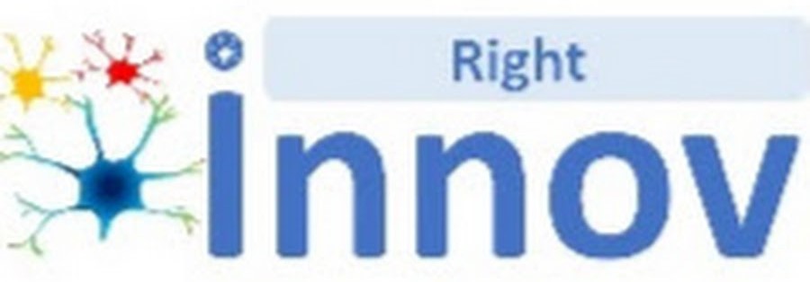 Right Innov logo with blue text and colorful neuron network design featuring yellow red and green branches representing innovation and creativity