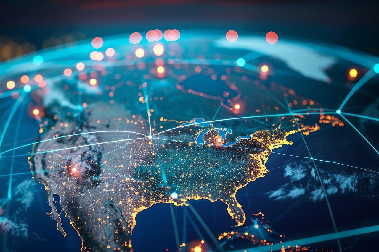 Glowing network map of North America showing connected cities and data lines across United States and Canada